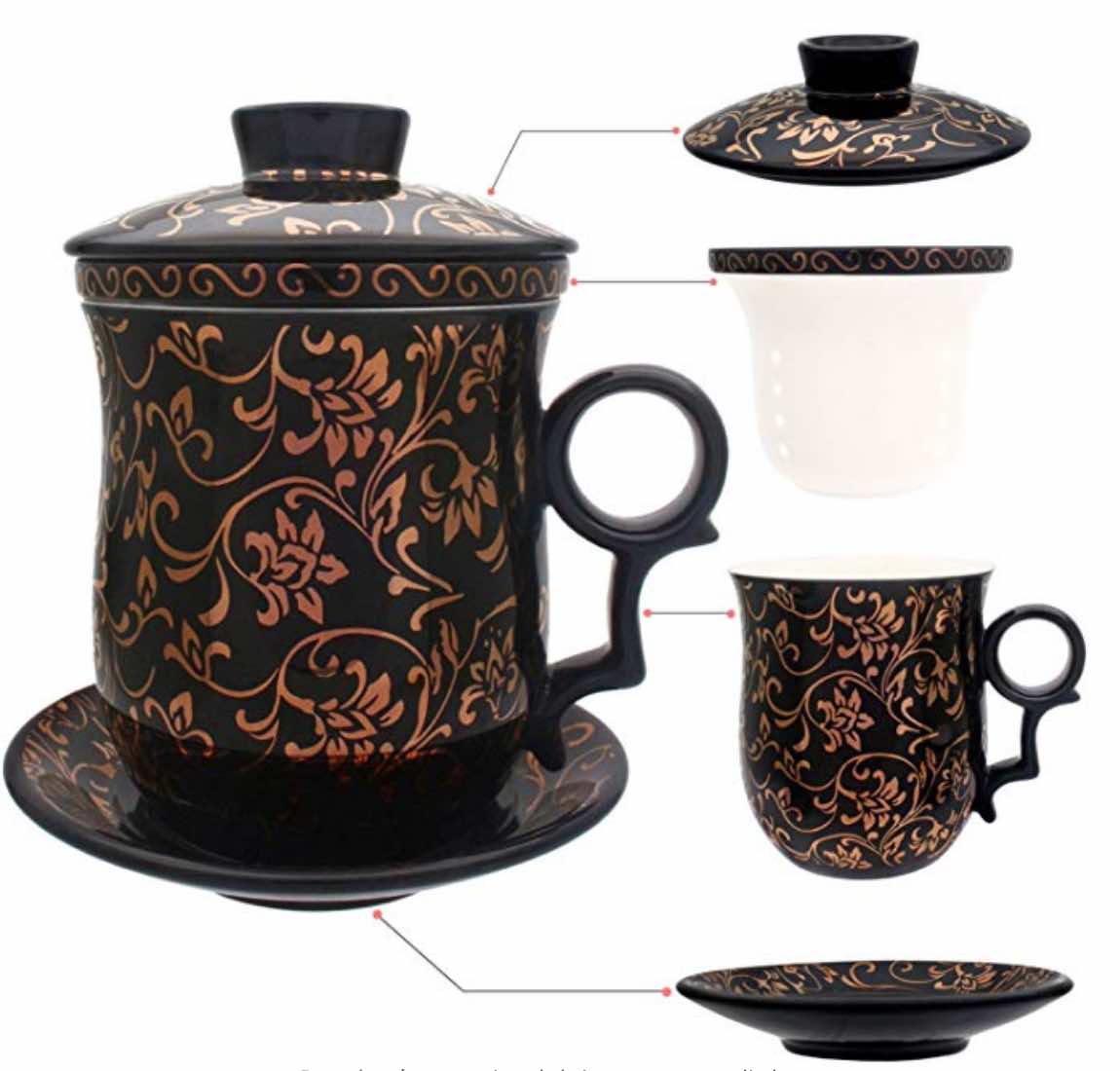 Taza de té de porcelana con tapa e infusor de platillo – Cerámica china Jingdezhen, taza de café, taza de té, sistema de preparación de té para el hogar y la oficina