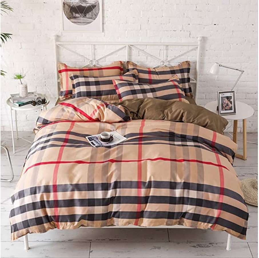 Ropa De Cama De Poliéster De Cuatro Piezas, Juego De Cama Doble Individual, Sábanas De Kit De Producto, Funda De Almohada, Funda De Edredón A Cuadros Marrones 220X240Cm